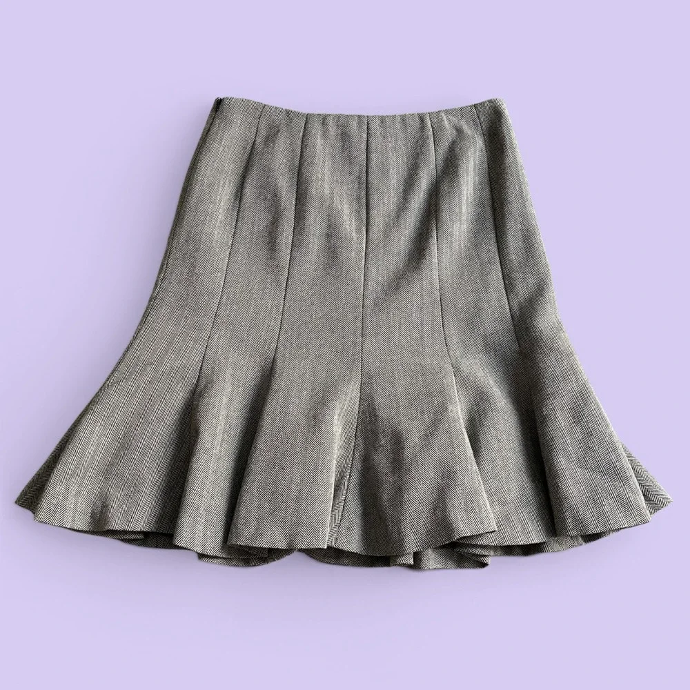 Chaps Vintage Y2K Grey Herringbone Wool Skirt Petite 8P Pleated Fit Flare Lined